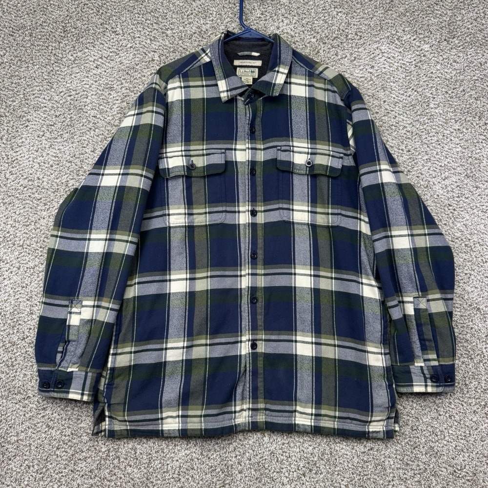LL Bean Flannel Shirt Jacket Mens L Blue Green Plaid Fleece Lined Shacket 298189